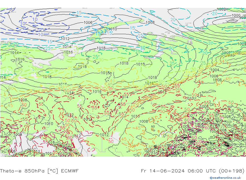Theta-e 850hPa ECMWF Pá 14.06.2024 06 UTC