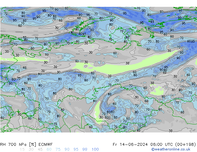 RH 700 hPa ECMWF Pá 14.06.2024 06 UTC