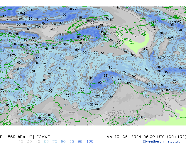 RH 850 hPa ECMWF Mo 10.06.2024 06 UTC