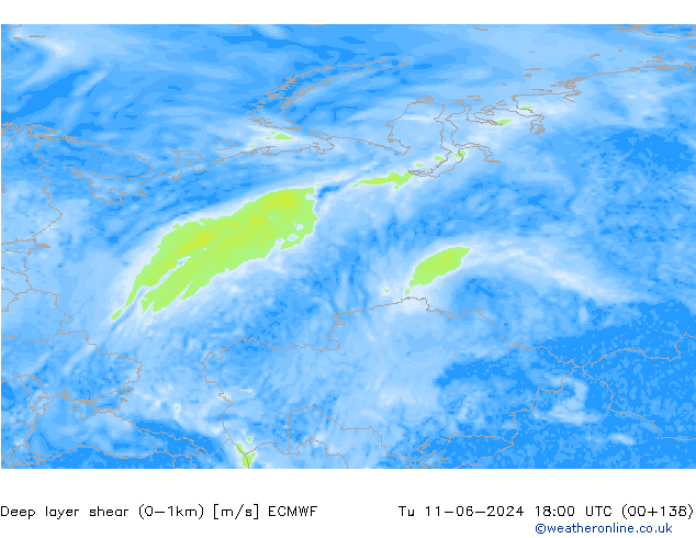 Deep layer shear (0-1km) ECMWF Tu 11.06.2024 18 UTC