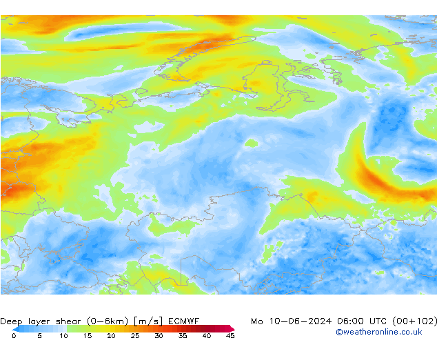 Deep layer shear (0-6km) ECMWF  10.06.2024 06 UTC