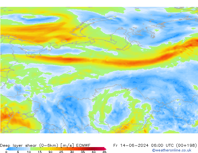 Deep layer shear (0-6km) ECMWF Fr 14.06.2024 06 UTC