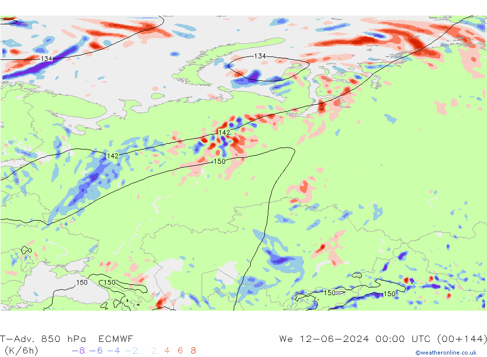 T-Adv. 850 hPa ECMWF Qua 12.06.2024 00 UTC