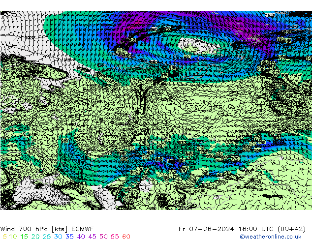 Viento 700 hPa ECMWF vie 07.06.2024 18 UTC