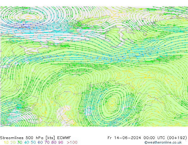 Stromlinien 500 hPa ECMWF Fr 14.06.2024 00 UTC