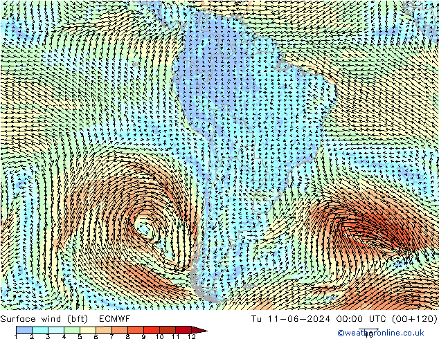 Rüzgar 10 m (bft) ECMWF Sa 11.06.2024 00 UTC