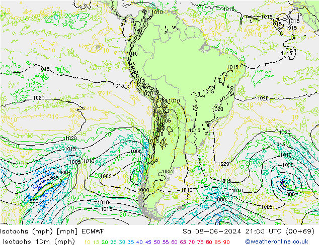 Isotachs (mph) ECMWF Sáb 08.06.2024 21 UTC