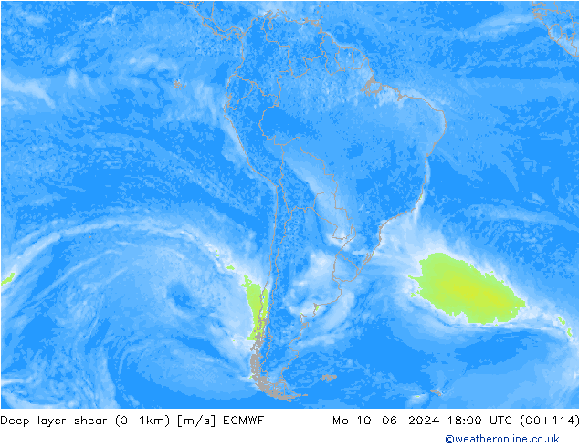 Deep layer shear (0-1km) ECMWF lun 10.06.2024 18 UTC