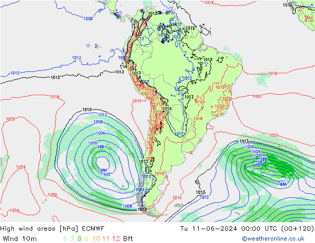 yüksek rüzgarlı alanlar ECMWF Sa 11.06.2024 00 UTC