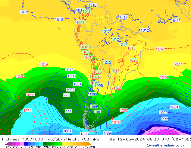 Espesor 700-1000 hPa ECMWF mié 12.06.2024 06 UTC