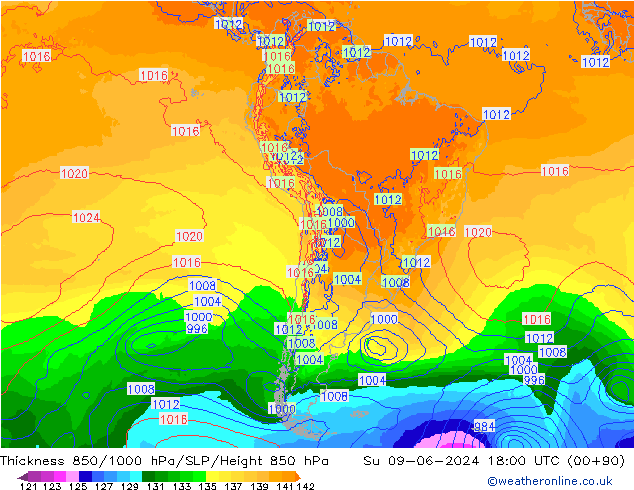 Thck 850-1000 гПа ECMWF Вс 09.06.2024 18 UTC