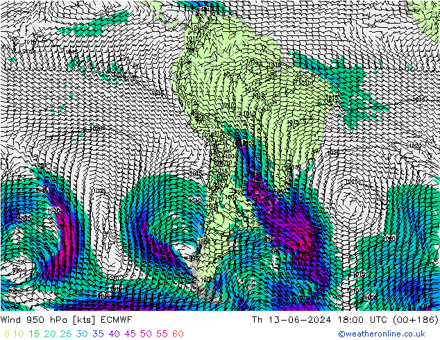 Wind 950 hPa ECMWF Do 13.06.2024 18 UTC