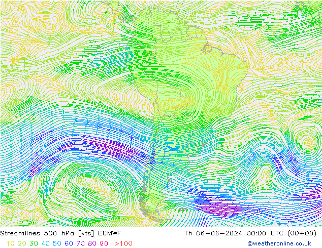 Streamlines 500 hPa ECMWF Čt 06.06.2024 00 UTC