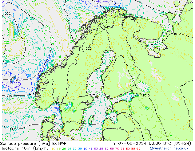 Isotachs (kph) ECMWF  07.06.2024 00 UTC