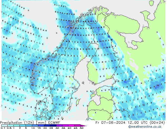 Precipitation (12h) ECMWF Pá 07.06.2024 00 UTC