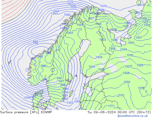 Atmosférický tlak ECMWF Ne 09.06.2024 00 UTC