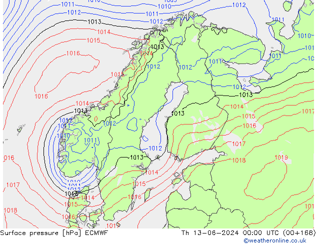 Surface pressure ECMWF Th 13.06.2024 00 UTC