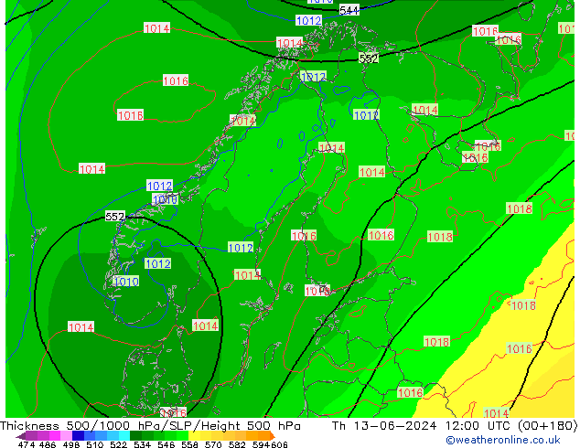 Espesor 500-1000 hPa ECMWF jue 13.06.2024 12 UTC