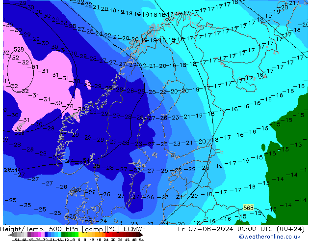 Z500/Rain (+SLP)/Z850 ECMWF Pá 07.06.2024 00 UTC