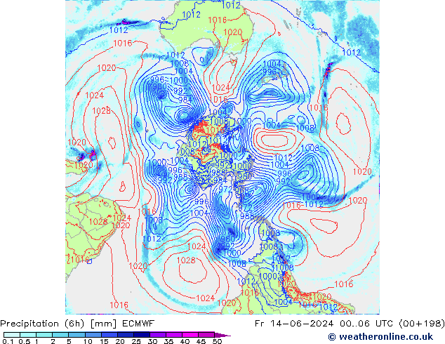 Precipitation (6h) ECMWF Fr 14.06.2024 06 UTC