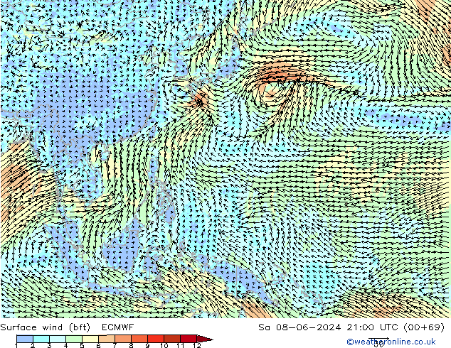 Wind 10 m (bft) ECMWF za 08.06.2024 21 UTC