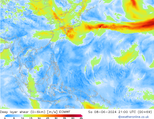 Deep layer shear (0-6km) ECMWF so. 08.06.2024 21 UTC