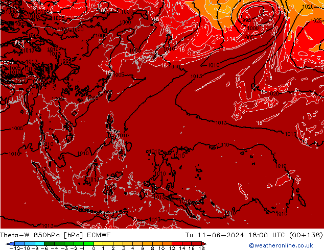 Theta-W 850hPa ECMWF Út 11.06.2024 18 UTC