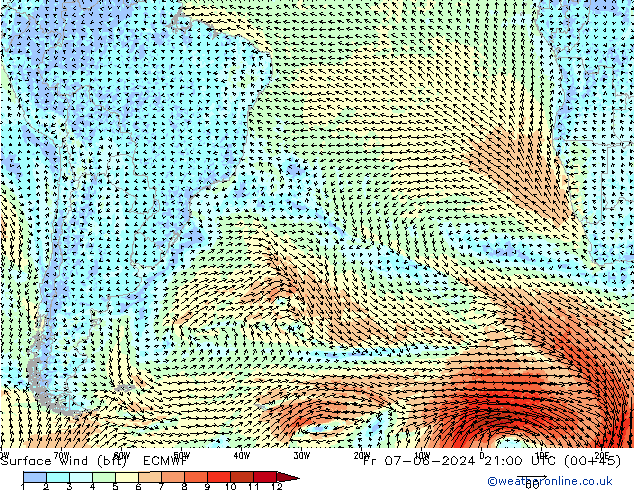 Wind 10 m (bft) ECMWF vr 07.06.2024 21 UTC