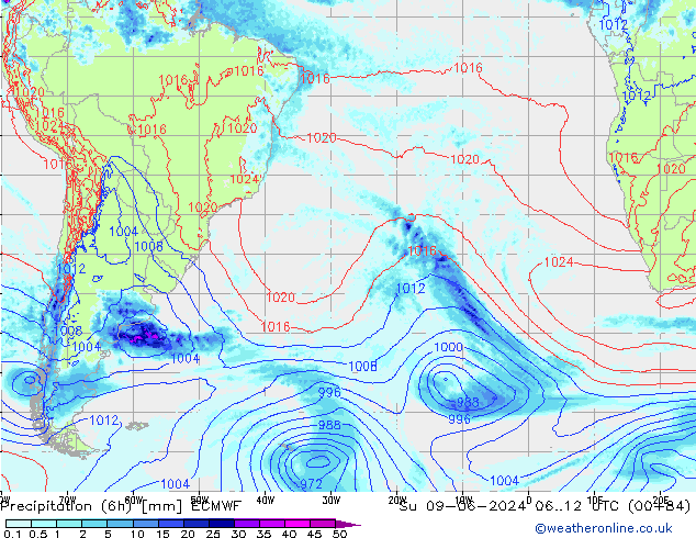 Totale neerslag (6h) ECMWF zo 09.06.2024 12 UTC