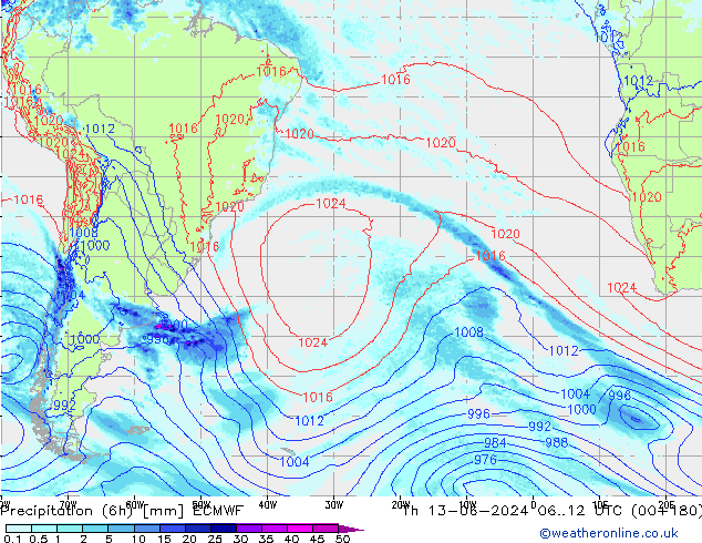 Totale neerslag (6h) ECMWF do 13.06.2024 12 UTC