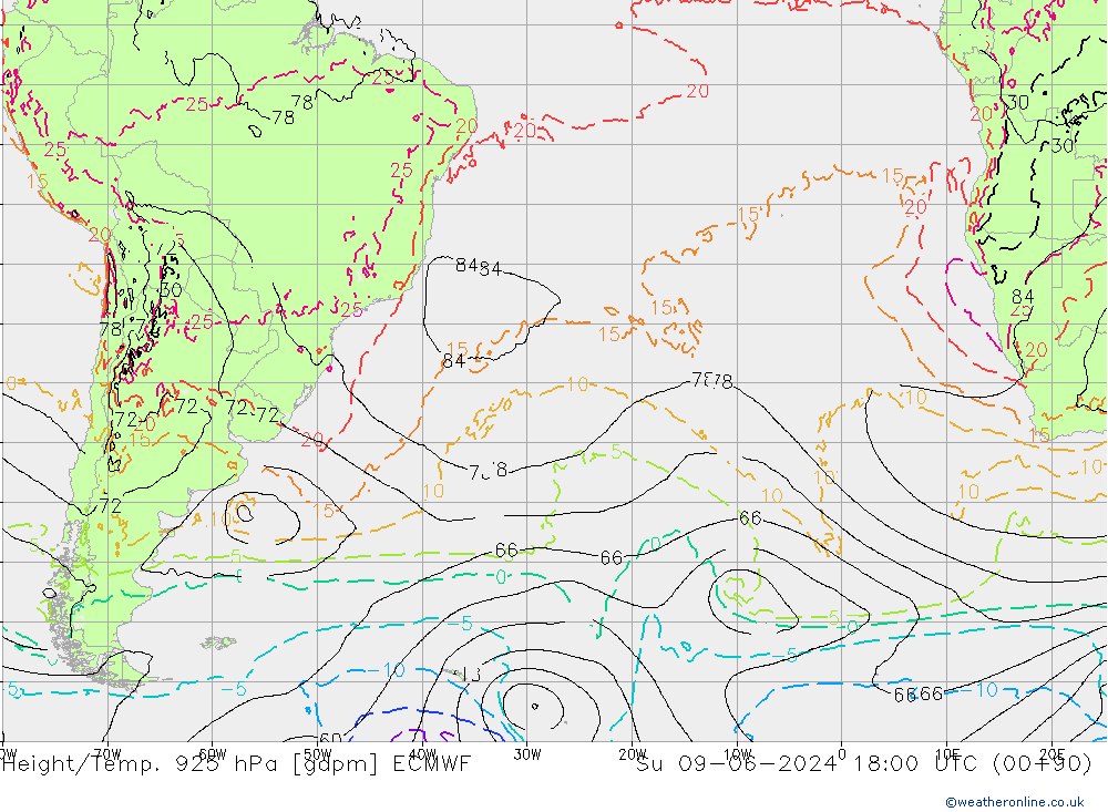 Height/Temp. 925 hPa ECMWF Su 09.06.2024 18 UTC