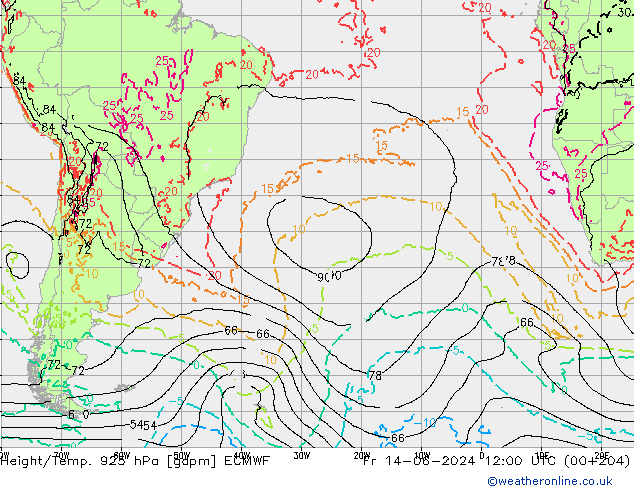 Height/Temp. 925 гПа ECMWF пт 14.06.2024 12 UTC