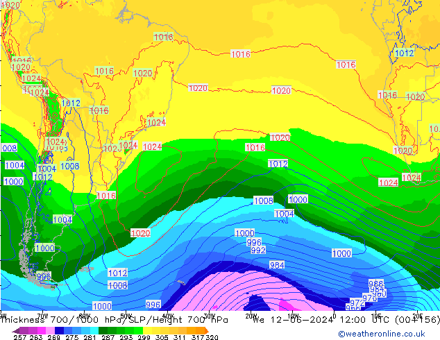 Thck 700-1000 гПа ECMWF ср 12.06.2024 12 UTC