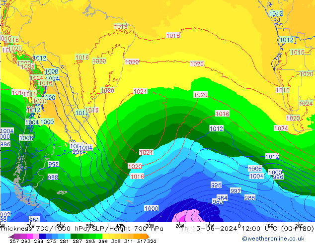 Thck 700-1000 hPa ECMWF Čt 13.06.2024 12 UTC