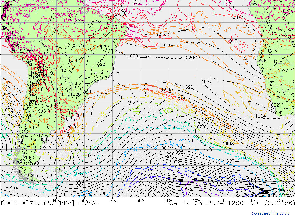 Theta-e 700гПа ECMWF ср 12.06.2024 12 UTC