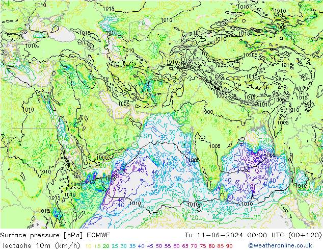 Isotachen (km/h) ECMWF di 11.06.2024 00 UTC