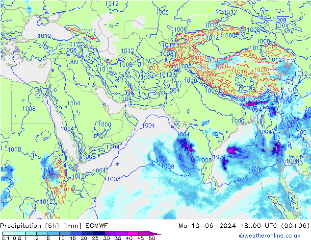 Prec 6h/Wind 10m/950 ECMWF pon. 10.06.2024 00 UTC