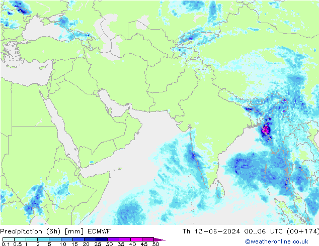 Precipitation (6h) ECMWF Čt 13.06.2024 06 UTC