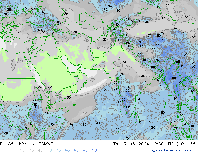 RH 850 hPa ECMWF gio 13.06.2024 00 UTC