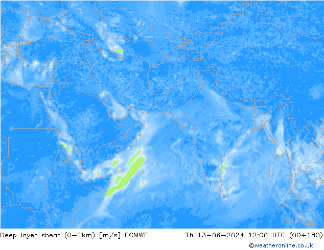 Deep layer shear (0-1km) ECMWF Th 13.06.2024 12 UTC