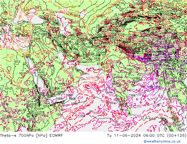 Theta-e 700hPa ECMWF Tu 11.06.2024 06 UTC