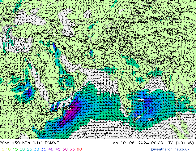 Prec 6h/Wind 10m/950 ECMWF pon. 10.06.2024 00 UTC