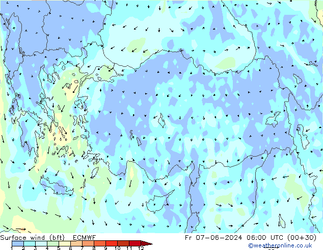 ве�Bе�@ 10 m (bft) ECMWF пт 07.06.2024 06 UTC