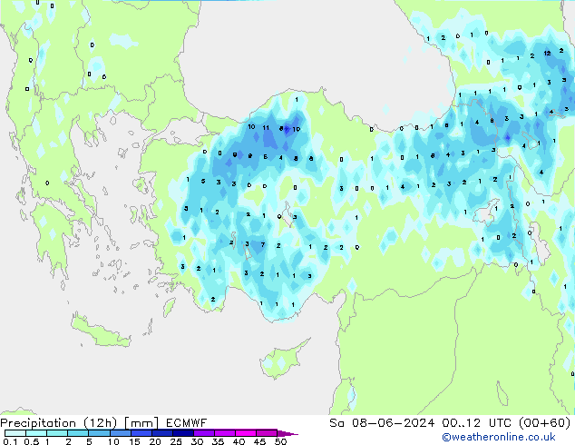 Precipitazione (12h) ECMWF sab 08.06.2024 12 UTC