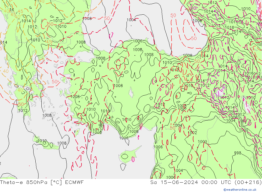 Theta-e 850hPa ECMWF za 15.06.2024 00 UTC