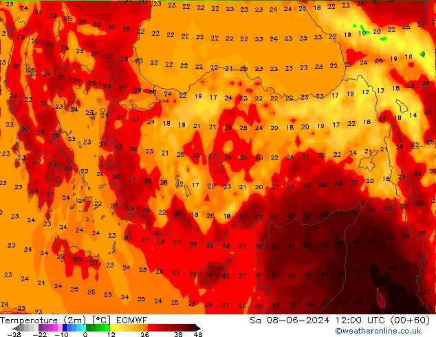 Temperatura (2m) ECMWF sab 08.06.2024 12 UTC