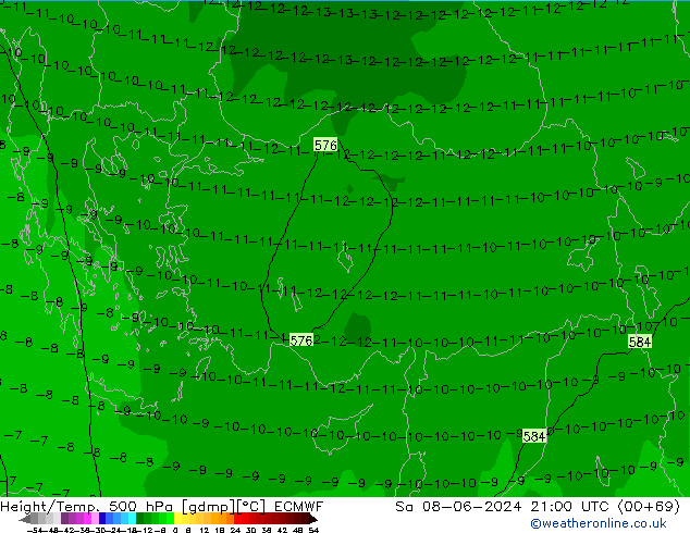 Hoogte/Temp. 500 hPa ECMWF za 08.06.2024 21 UTC