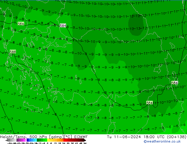 Z500/Rain (+SLP)/Z850 ECMWF вт 11.06.2024 18 UTC