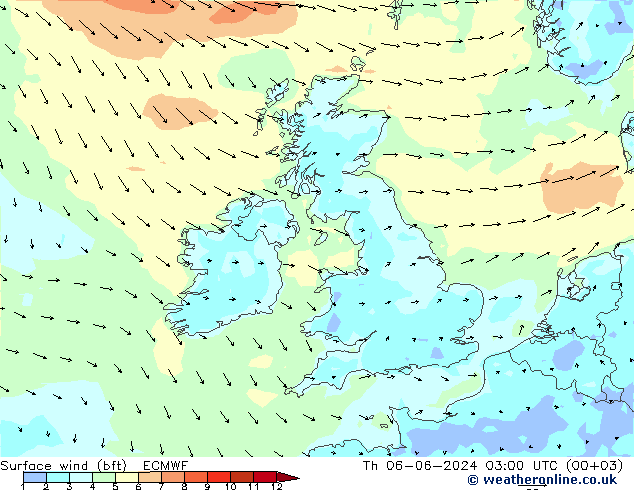  10 m (bft) ECMWF  06.06.2024 03 UTC