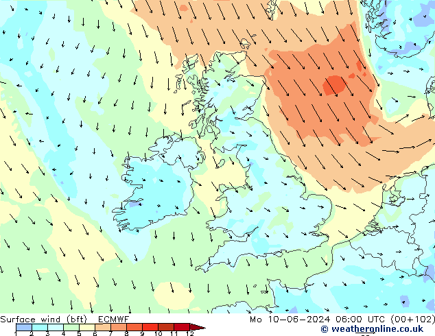 Viento 10 m (bft) ECMWF lun 10.06.2024 06 UTC